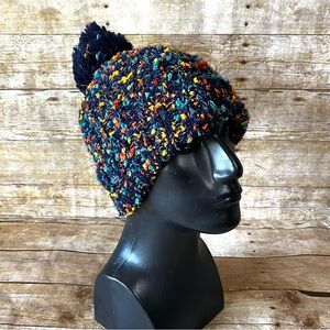 Navy Blue Multi Color Confetti Knit Beanie Faux Fur Lined Pom Pom Winter‎ Hat